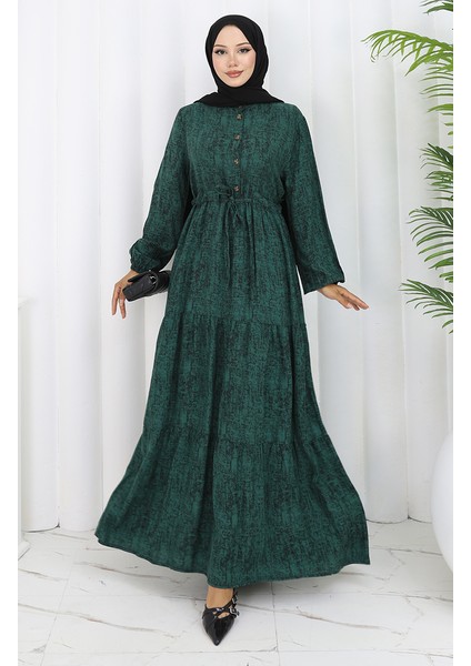 Beli Bağcıklı Desenli Elbise 2107-03 Yeşil fiyatları