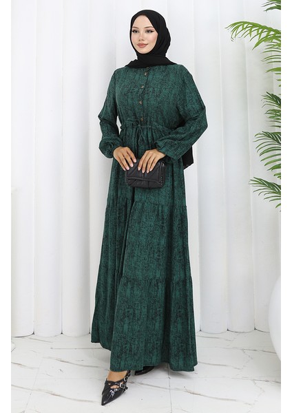 Beli Bağcıklı Desenli Elbise 2107-03 Yeşil modelleri