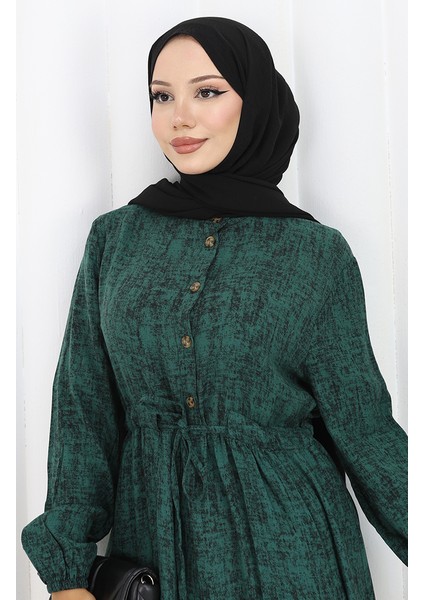 Beli Bağcıklı Desenli Elbise 2107-03 Yeşil fırsatları
