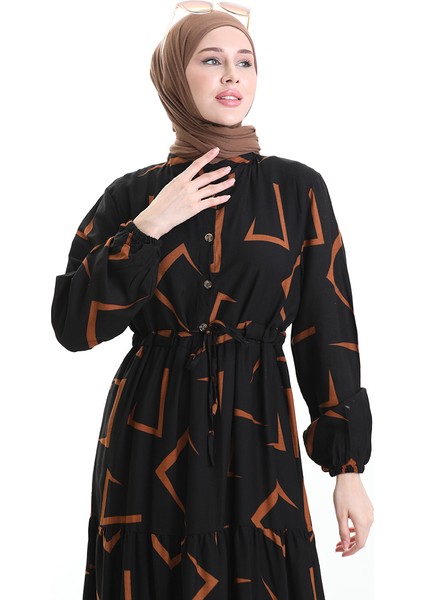 Beli Bağcıklı Düğmeli Desenli Elbise 2109-01 Siyah Kahverengi fırsatları