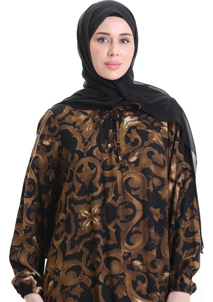 Viskon Kare Yaka Elbise 994585J-01 Siyah Kahverengi fırsatları