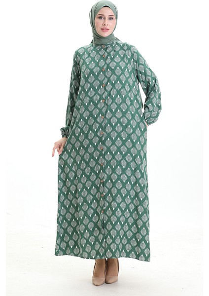 Boydan Düğmeli Desenli Elbise 0124-01 Yeşil modelleri