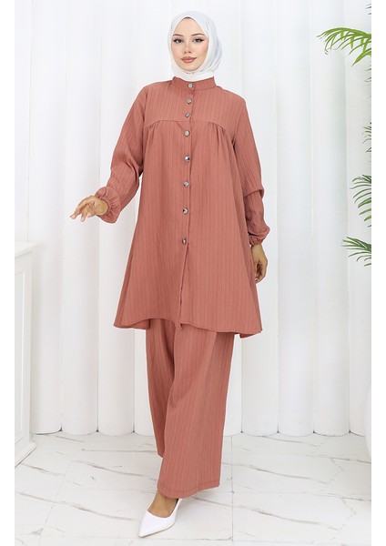 Boydan Düğmeli Tunik Pantolon Ikili Takım 2108-04 Gül Kurusu