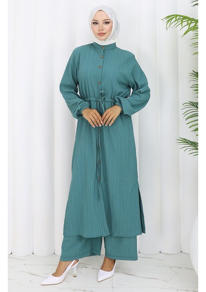 Boydan Düğmeli Tunik Pantolon Ikili Takım 2100-02 Yeşil