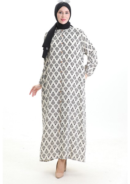 Boydan Düğmeli Desenli Elbise 0124-02 Beyaz modelleri