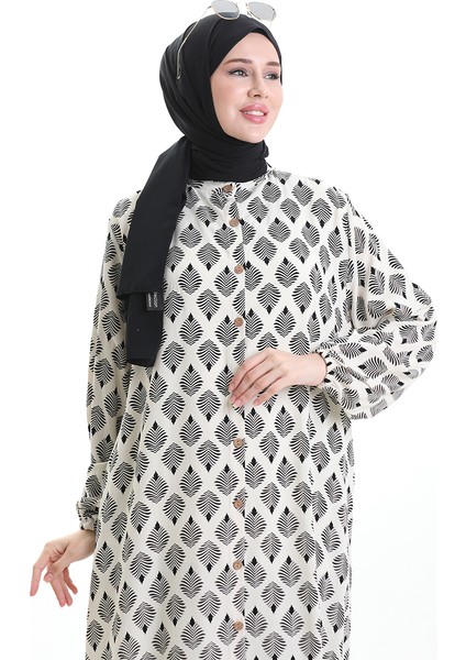 Boydan Düğmeli Desenli Elbise 0124-02 Beyaz indirimleri