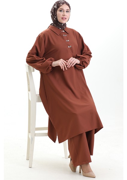 Gömlek Yaka Tunik Pantolon Ikili Takım 0123-01 Kahverengi