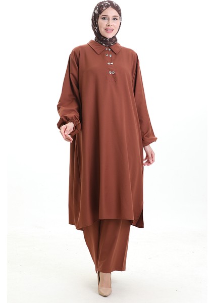 Gömlek Yaka Tunik Pantolon Ikili Takım 0123-01 Kahverengi modelleri