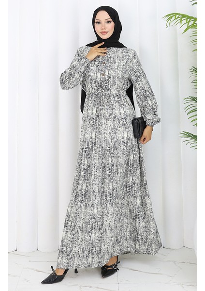 Beli Bağcıklı Desenli Elbise 2107-04 Siyah