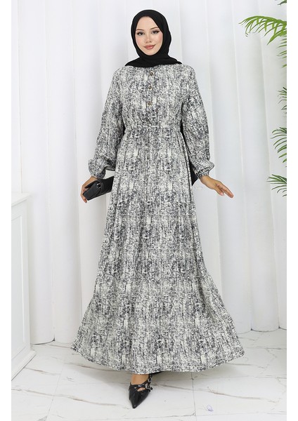Beli Bağcıklı Desenli Elbise 2107-04 Siyah fiyatları