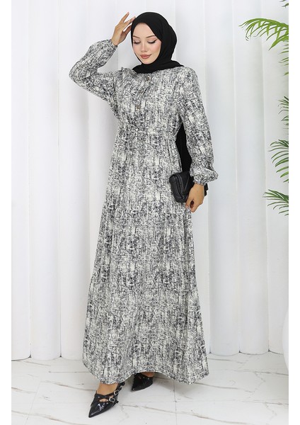 Beli Bağcıklı Desenli Elbise 2107-04 Siyah modelleri