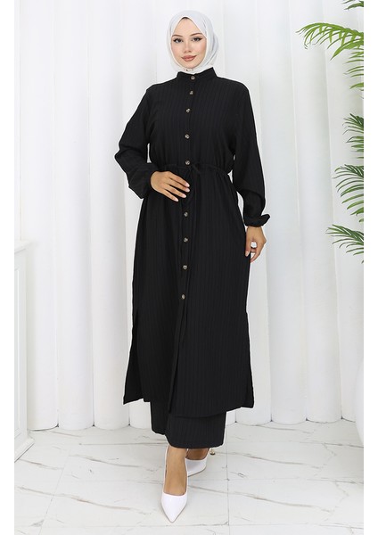 Boydan Düğmeli Tunik Pantolon Ikili Takım 2100-04 Siyah