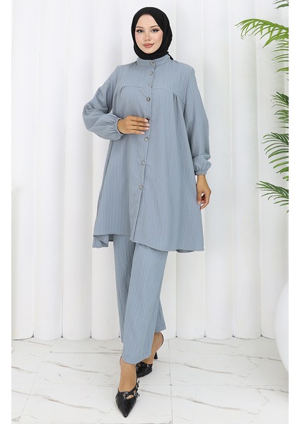 Boydan Düğmeli Tunik Pantolon Ikili Takım 2108-02 Gri