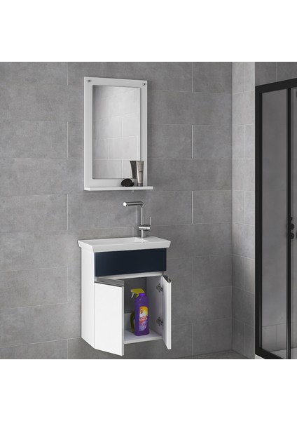 Miniço-Sb Ebeveyn 45 cm x 28 cm Aynalı Lüx Lavabolu Banyo Dolabı- 1. Sınıf Mdf-Beyaz Siyah