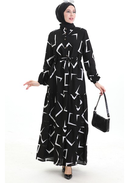 Beli Bağcıklı Düğmeli Desenli Elbise 2109-05 Siyah Beyaz fiyatları