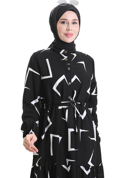 Beli Bağcıklı Düğmeli Desenli Elbise 2109-05 Siyah Beyaz modelleri