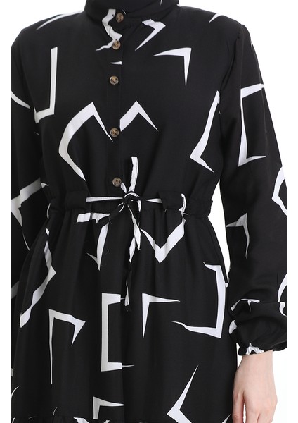 Beli Bağcıklı Düğmeli Desenli Elbise 2109-05 Siyah Beyaz fırsatları