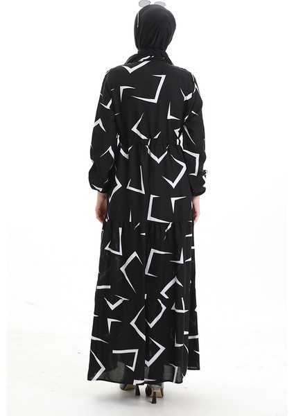 Beli Bağcıklı Düğmeli Desenli Elbise 2109-05 Siyah Beyaz indirimleri