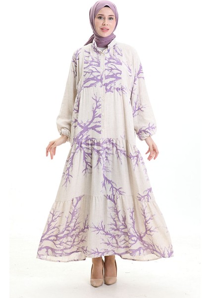 Yarım Düğmeli Desenli Elbise 2110-03 Lila