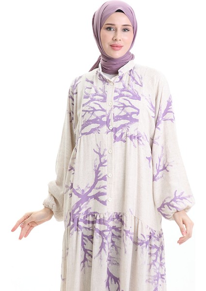 Yarım Düğmeli Desenli Elbise 2110-03 Lila fırsatları