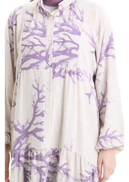 Yarım Düğmeli Desenli Elbise 2110-03 Lila indirimleri