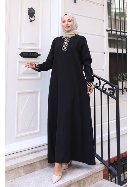 Leopar Desenli Elbise 0119-01 Siyah
