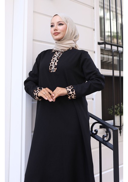 Leopar Desenli Elbise 0119-01 Siyah modelleri