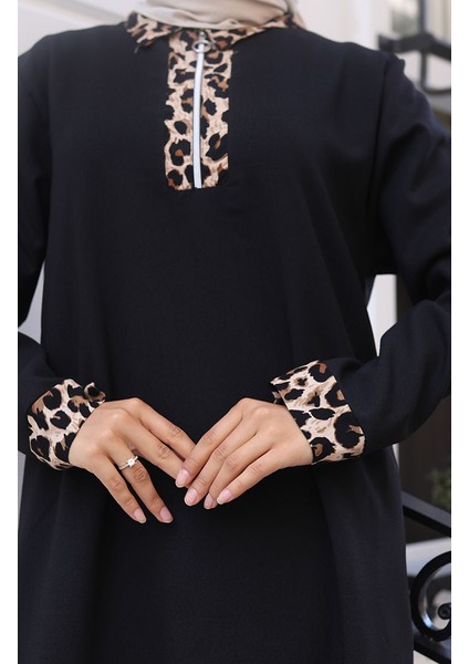 Leopar Desenli Elbise 0119-01 Siyah fırsatları