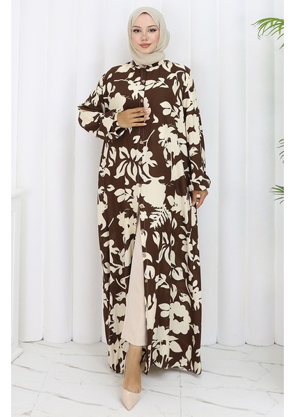 Viskon Kumaş Boydan Düğmeli Desenli Elbise 0121-03 Kahverengi