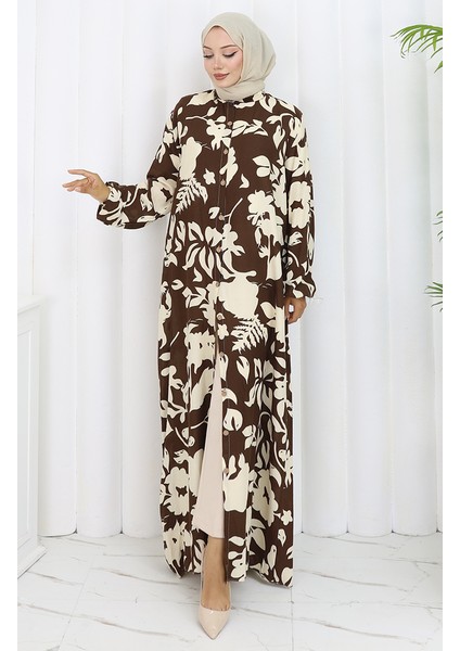 Viskon Kumaş Boydan Düğmeli Desenli Elbise 0121-03 Kahverengi modelleri