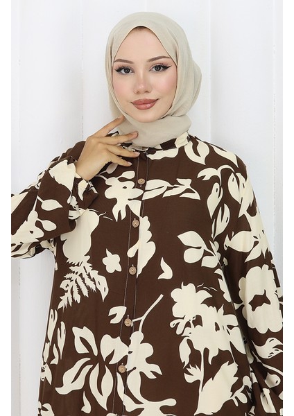 Viskon Kumaş Boydan Düğmeli Desenli Elbise 0121-03 Kahverengi fırsatları