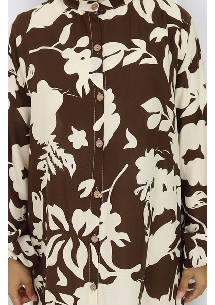 Viskon Kumaş Boydan Düğmeli Desenli Elbise 0121-03 Kahverengi indirimleri