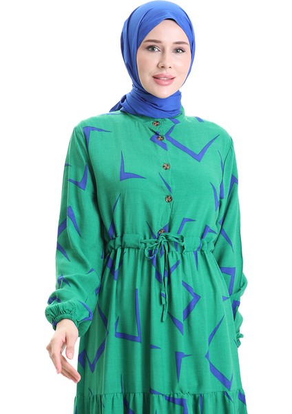 Beli Bağcıklı Düğmeli Desenli Elbise 2109-04 Zümrüt Yeşili Saks fırsatları