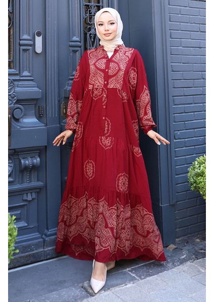 Balon Kol Viskon Elbise 5581-03 Bordo