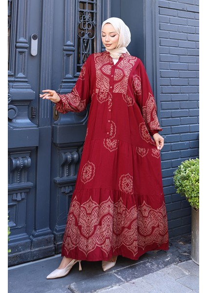 Balon Kol Viskon Elbise 5581-03 Bordo fiyatları