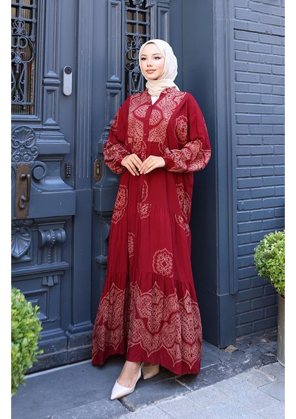 Balon Kol Viskon Elbise 5581-03 Bordo modelleri