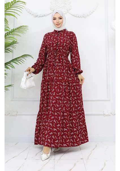 Yarım Düğmeli Çiçek Desenli Elbise 0025-03 Bordo fiyatları