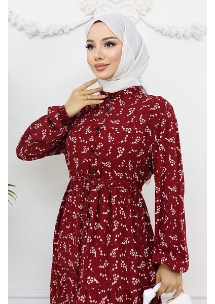 Yarım Düğmeli Çiçek Desenli Elbise 0025-03 Bordo modelleri