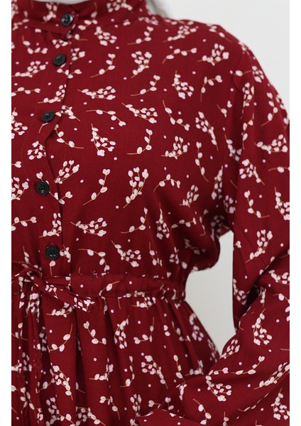 Yarım Düğmeli Çiçek Desenli Elbise 0025-03 Bordo fırsatları