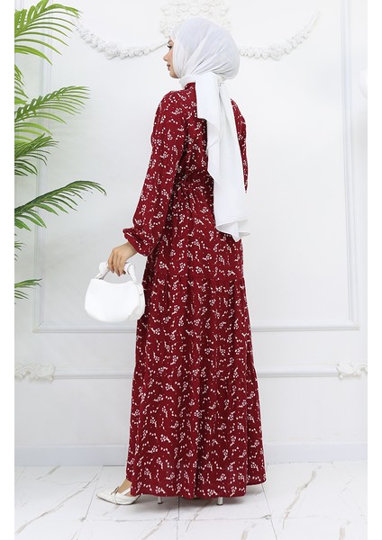 Yarım Düğmeli Çiçek Desenli Elbise 0025-03 Bordo indirimleri