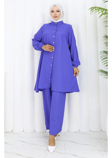 Boydan Düğmeli Tunik Pantolon Ikili Takım 2108-01 Saks