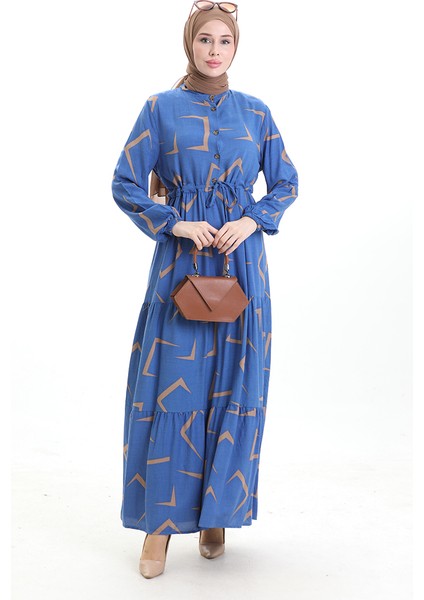 Beli Bağcıklı Düğmeli Desenli Elbise 2109-03 Mavi Bej