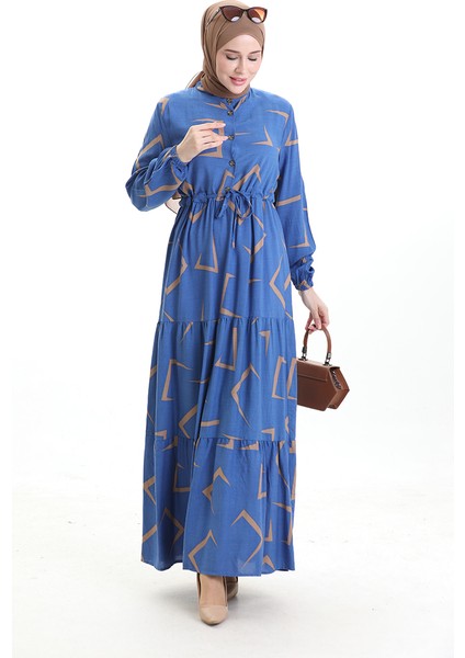 Beli Bağcıklı Düğmeli Desenli Elbise 2109-03 Mavi Bej fiyatları