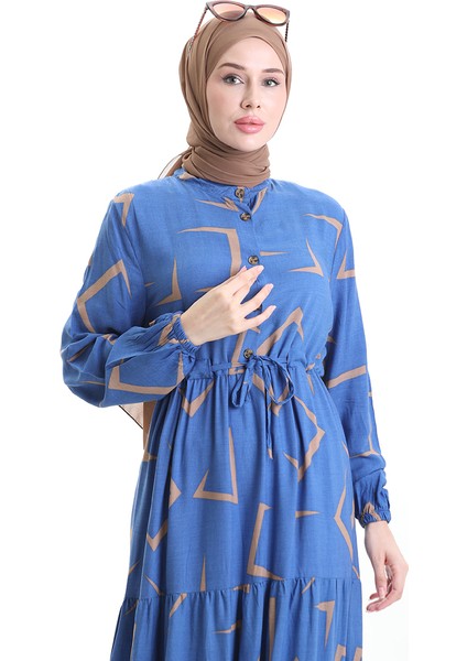 Beli Bağcıklı Düğmeli Desenli Elbise 2109-03 Mavi Bej fırsatları