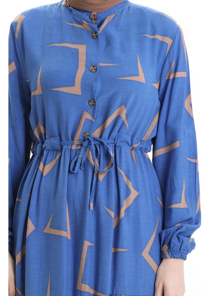 Beli Bağcıklı Düğmeli Desenli Elbise 2109-03 Mavi Bej indirimleri