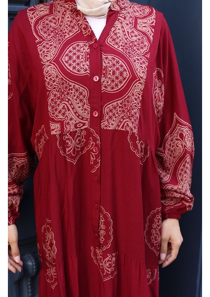 Balon Kol Viskon Elbise 5581-03 Bordo indirimleri