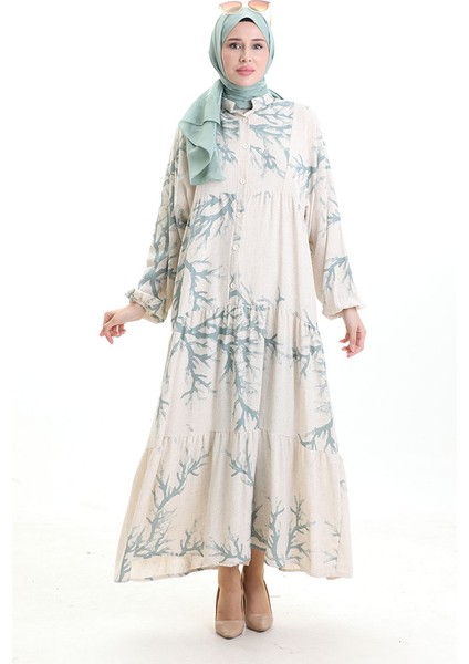 Yarım Düğmeli Desenli Elbise 2110-01 Çağla Yeşili