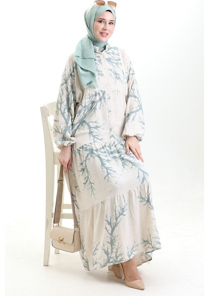 Yarım Düğmeli Desenli Elbise 2110-01 Çağla Yeşili fiyatları