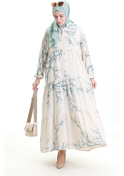 Yarım Düğmeli Desenli Elbise 2110-01 Çağla Yeşili modelleri