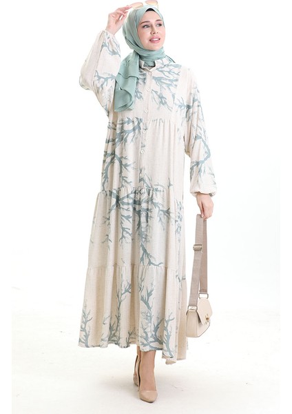 Yarım Düğmeli Desenli Elbise 2110-01 Çağla Yeşili fırsatları